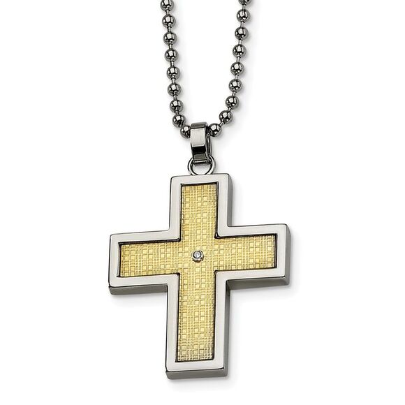Stainless Steel 14k Gold and Diamond Accent Cross Necklace